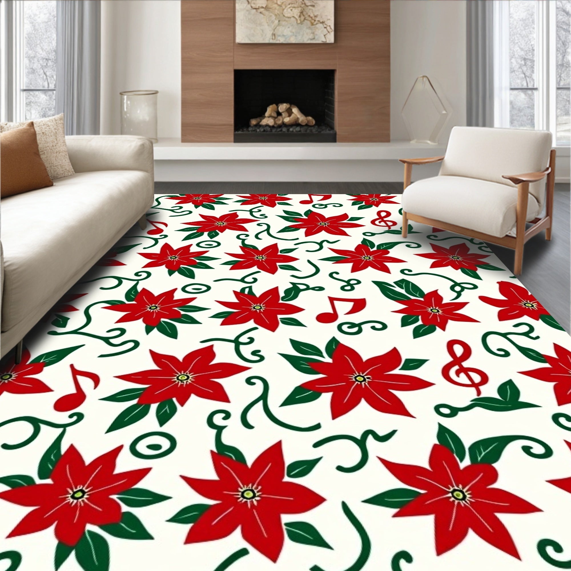 Crimson Poinsettia Musical Notes Garland Rug
