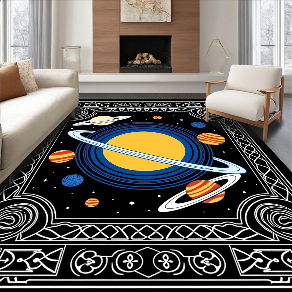 Cosmic Planet Ringed Celestial Scene Rug