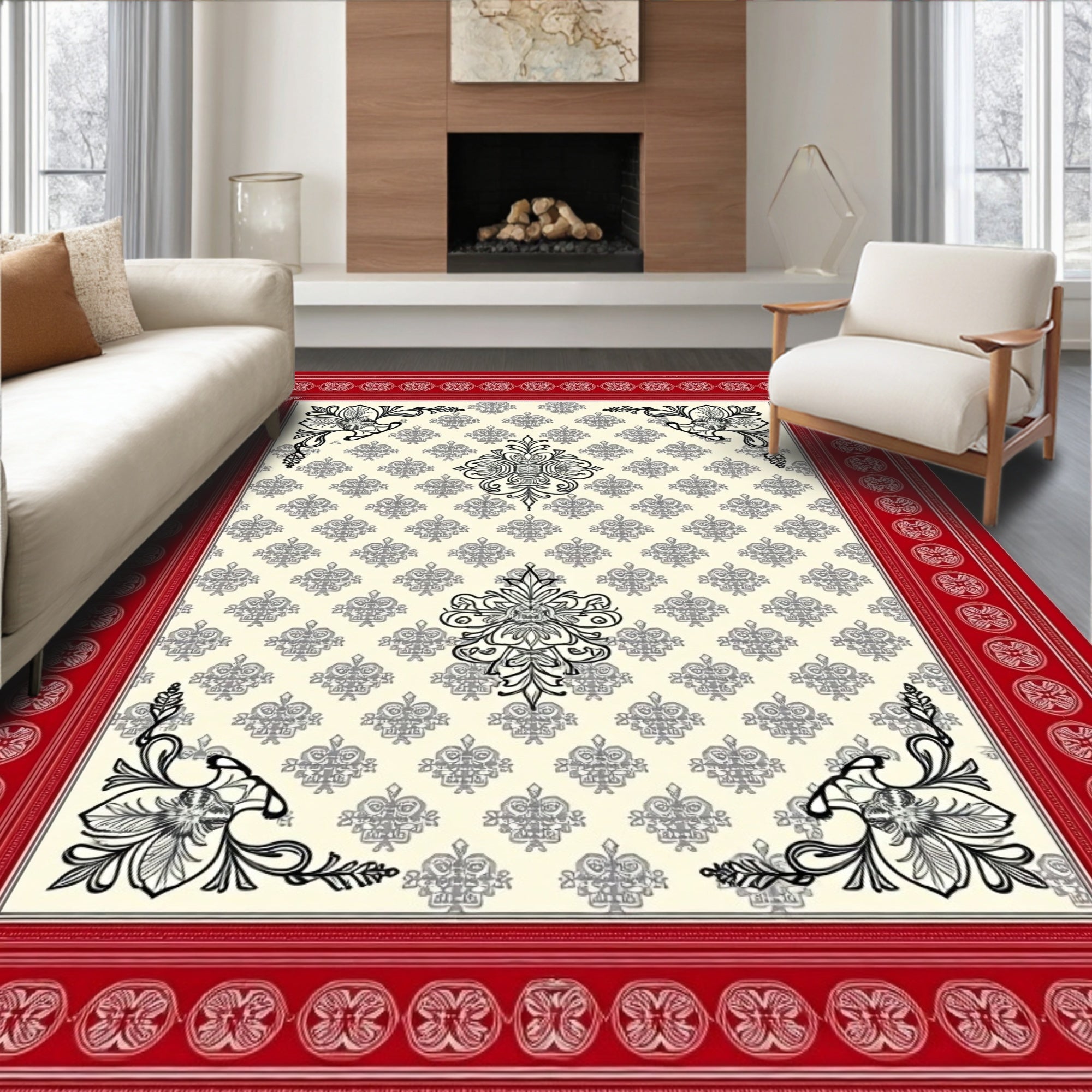 Crimson Floral Medallion Brocade Rug
