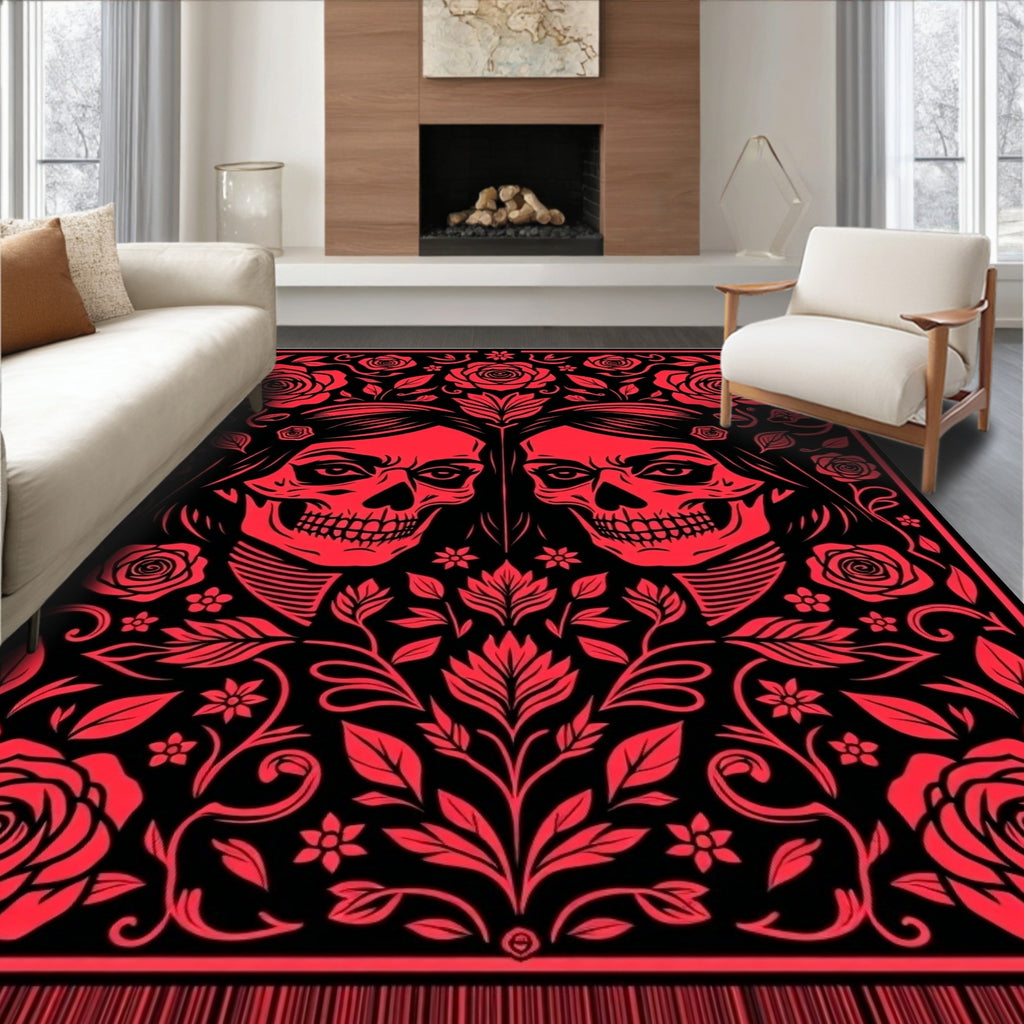 Red Skull Floral Embrace Rug