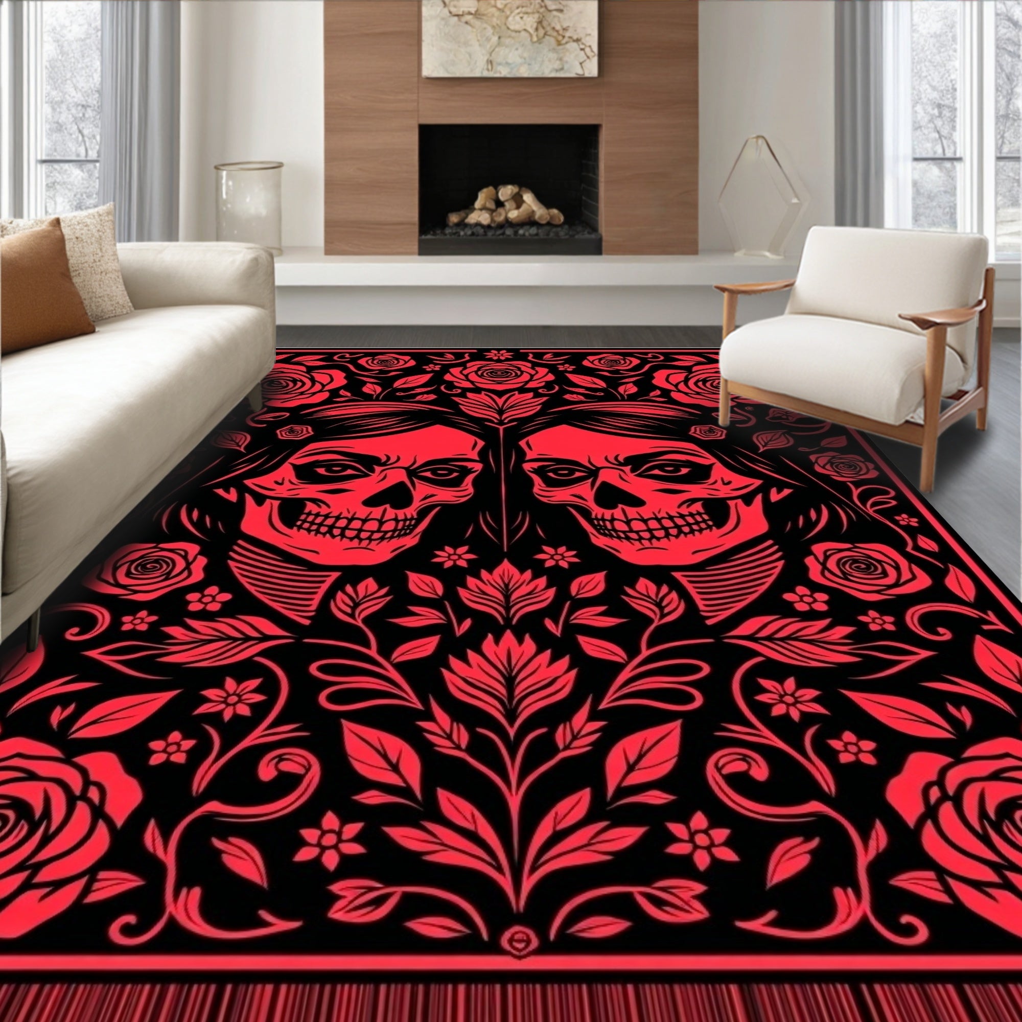 Red Skull Floral Embrace Rug