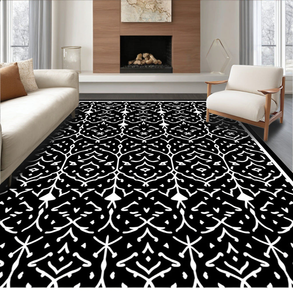 Black White Intricate Paisley Lattice Rug