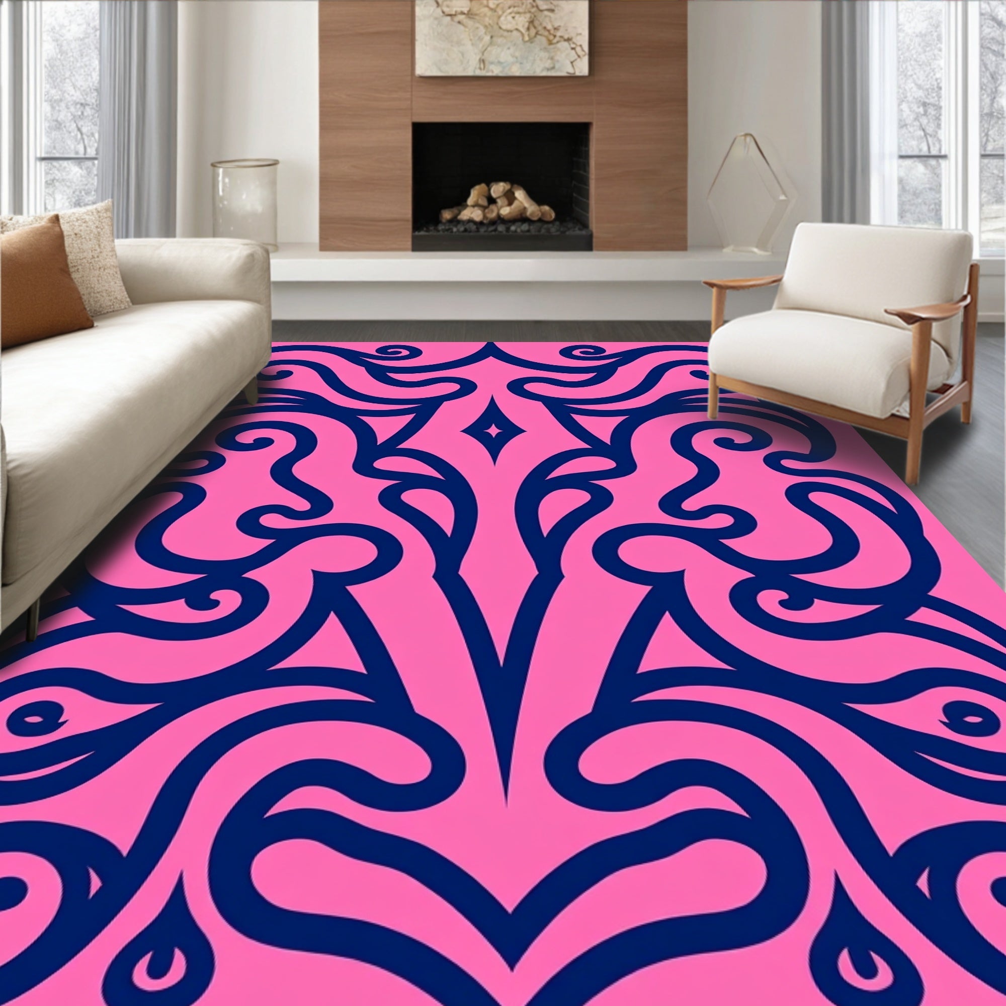 Vivid Blue Swirls on Pink Background Rug