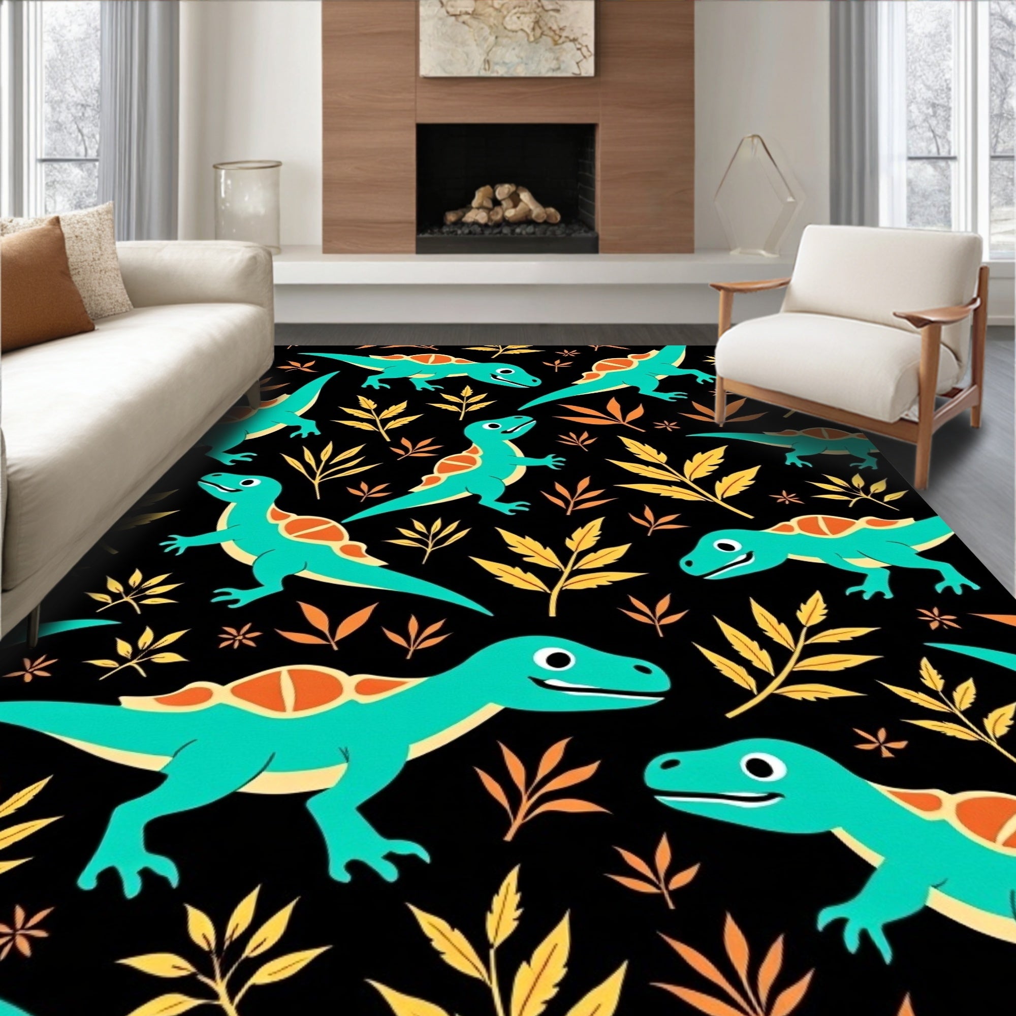Turquoise Dinosaur Yellow Leaf Background Rug
