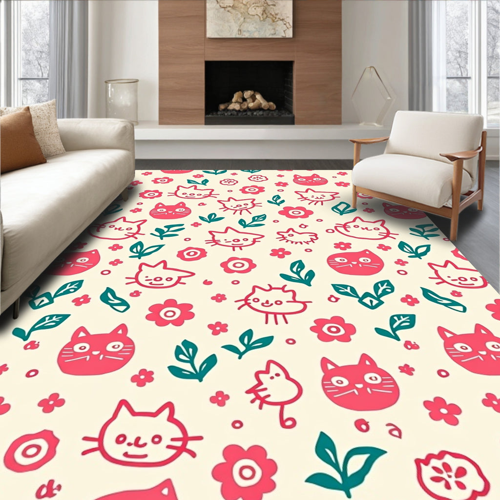 Whimsical Pink Cat Floral Medley Rug