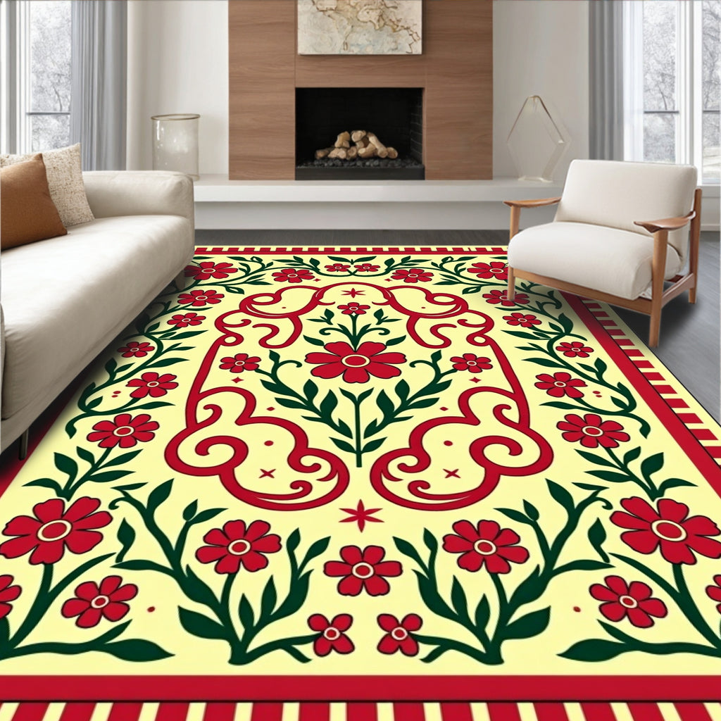 Crimson Blossoms In Greenery Lace Rug