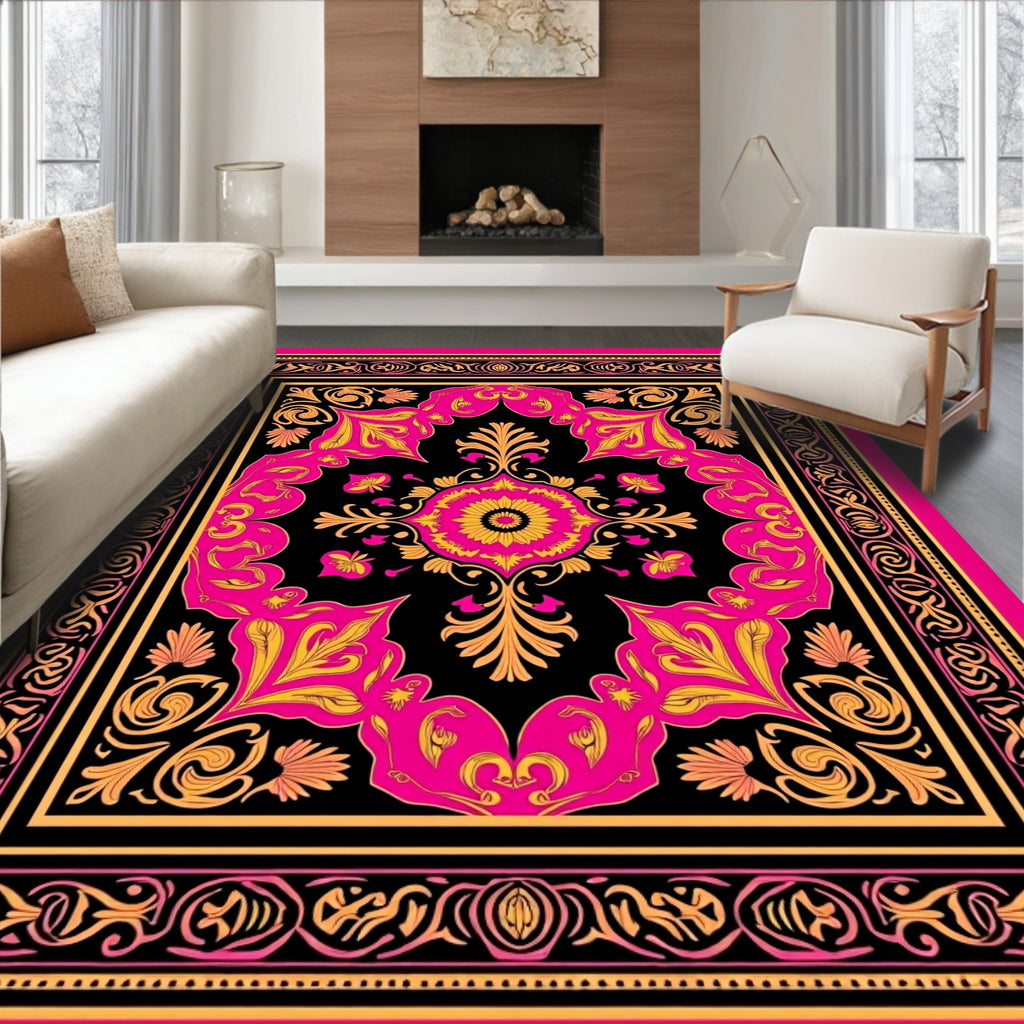 Vibrant Pink Gold Floral Medallion Rug