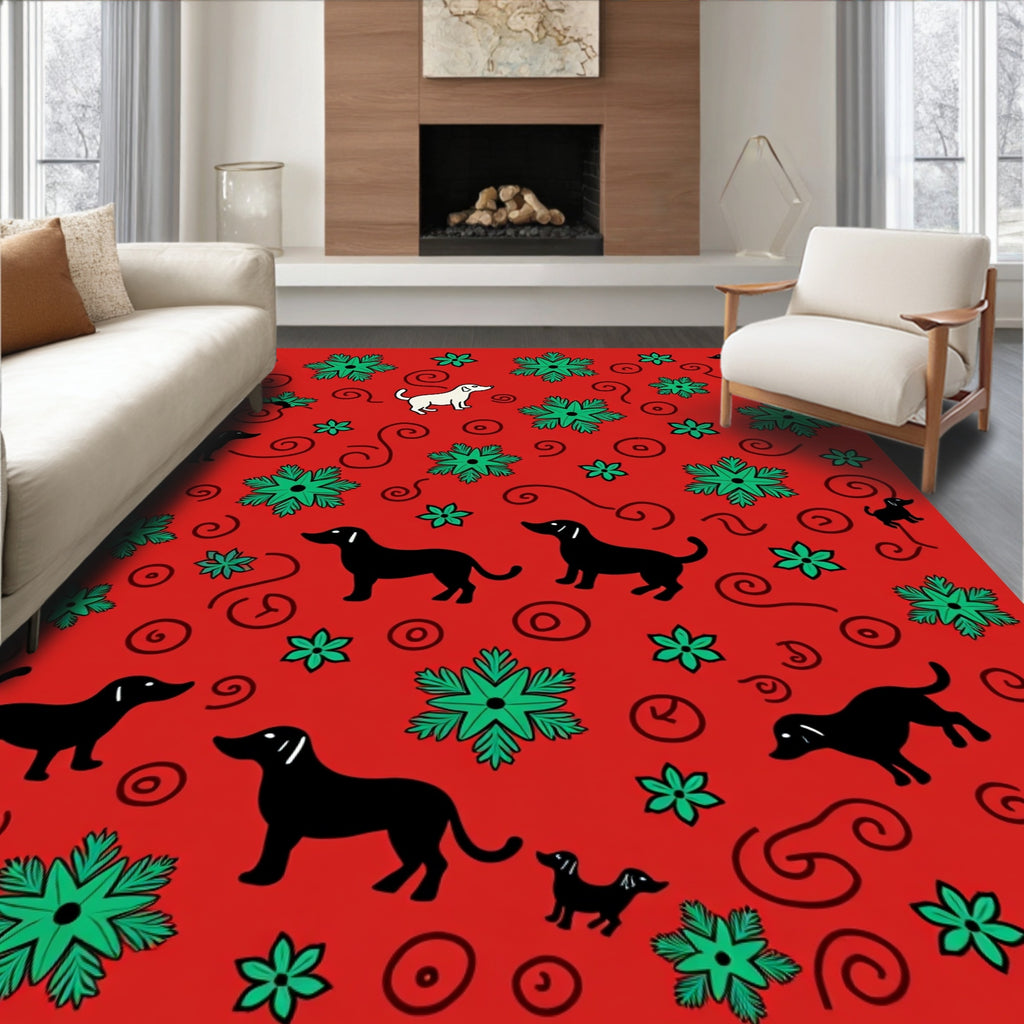 Red Jolly Dachshund Snowflake Collage Rug