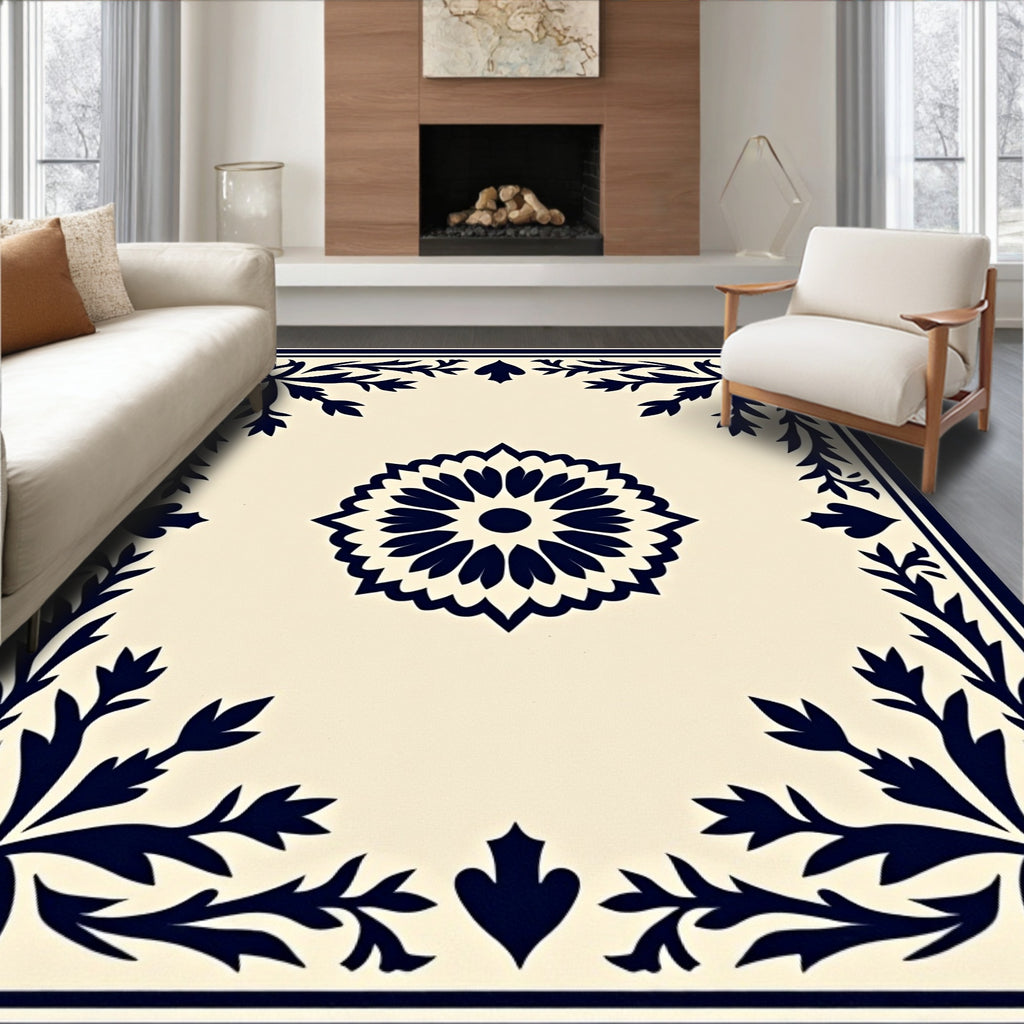 Cream Navy Floral Medallion Border Rug