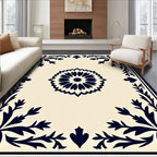Cream Navy Floral Medallion Border Rug