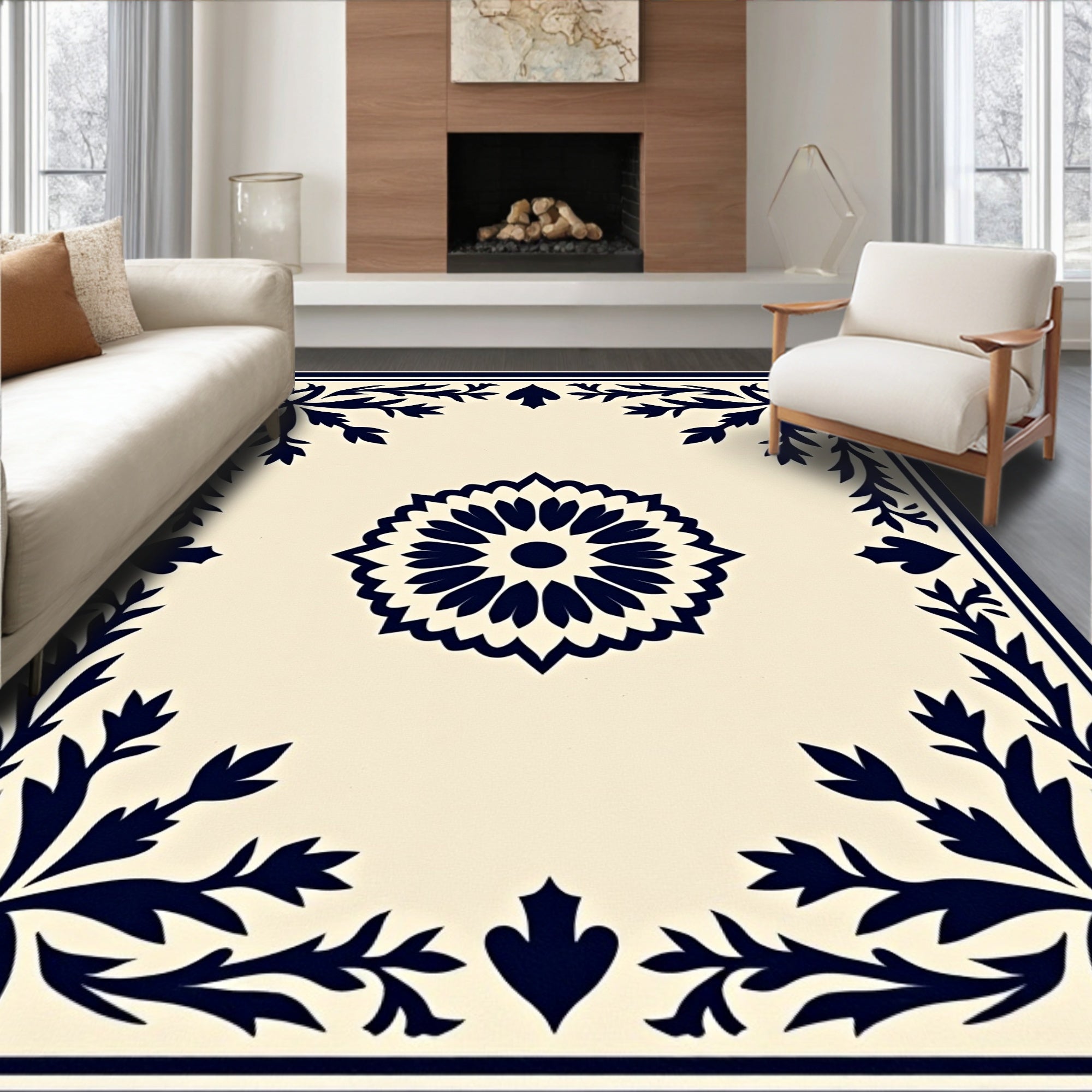 Cream Navy Floral Medallion Border Rug