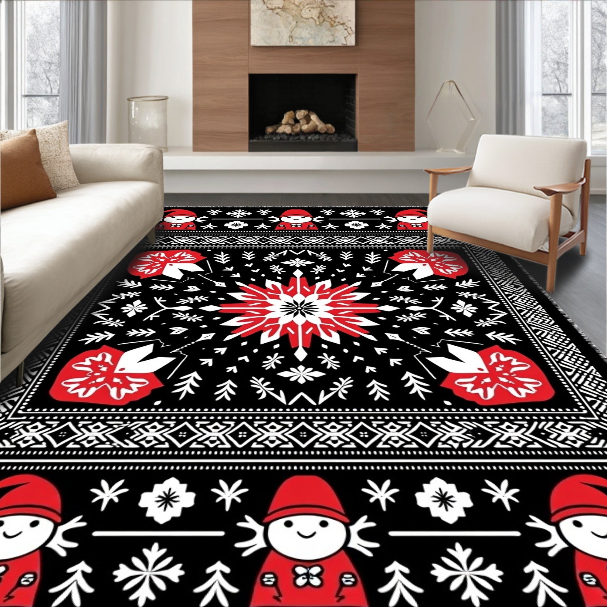 Whimsical Red Gnome Snowflake Folk Rug