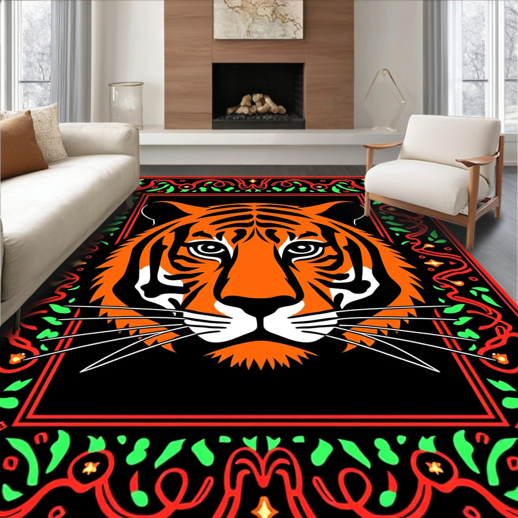 Bold Orange Tiger Face Bordered Rug