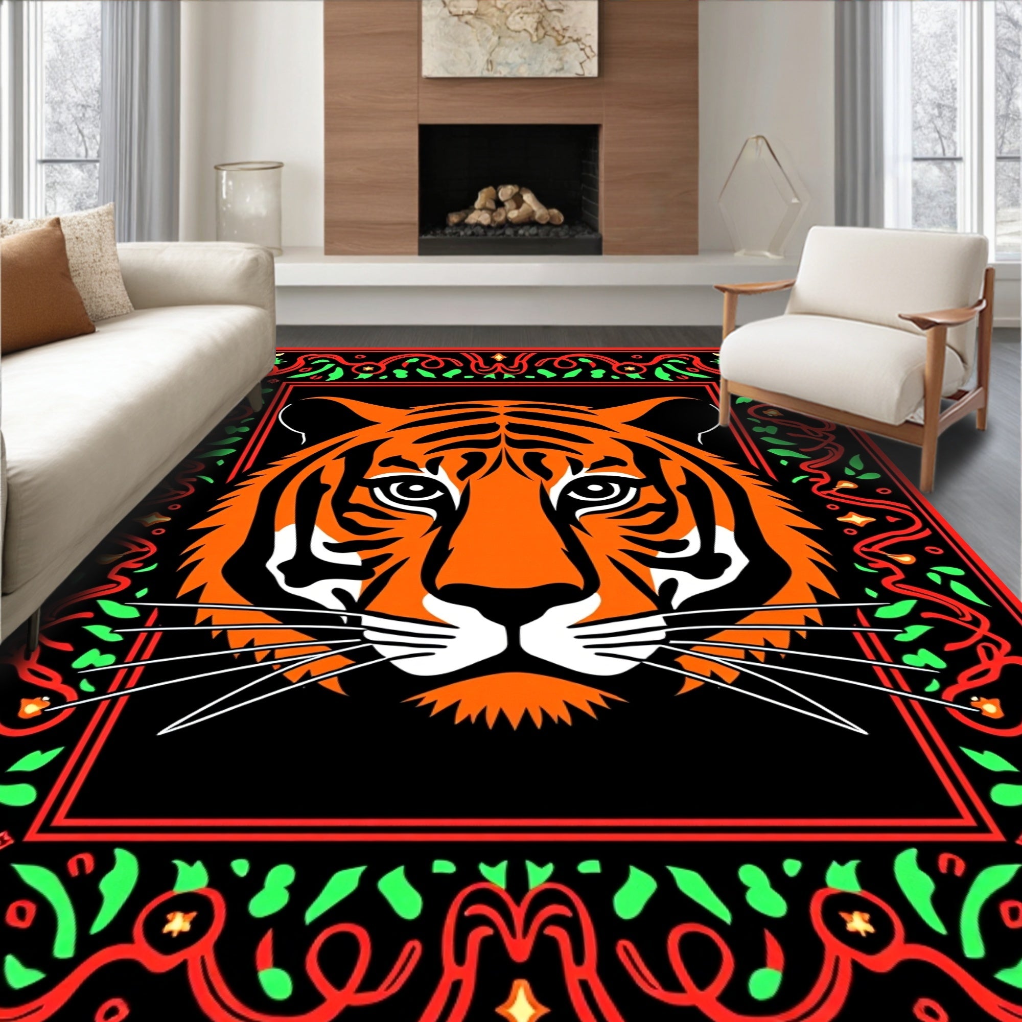 Bold Orange Tiger Face Bordered Rug