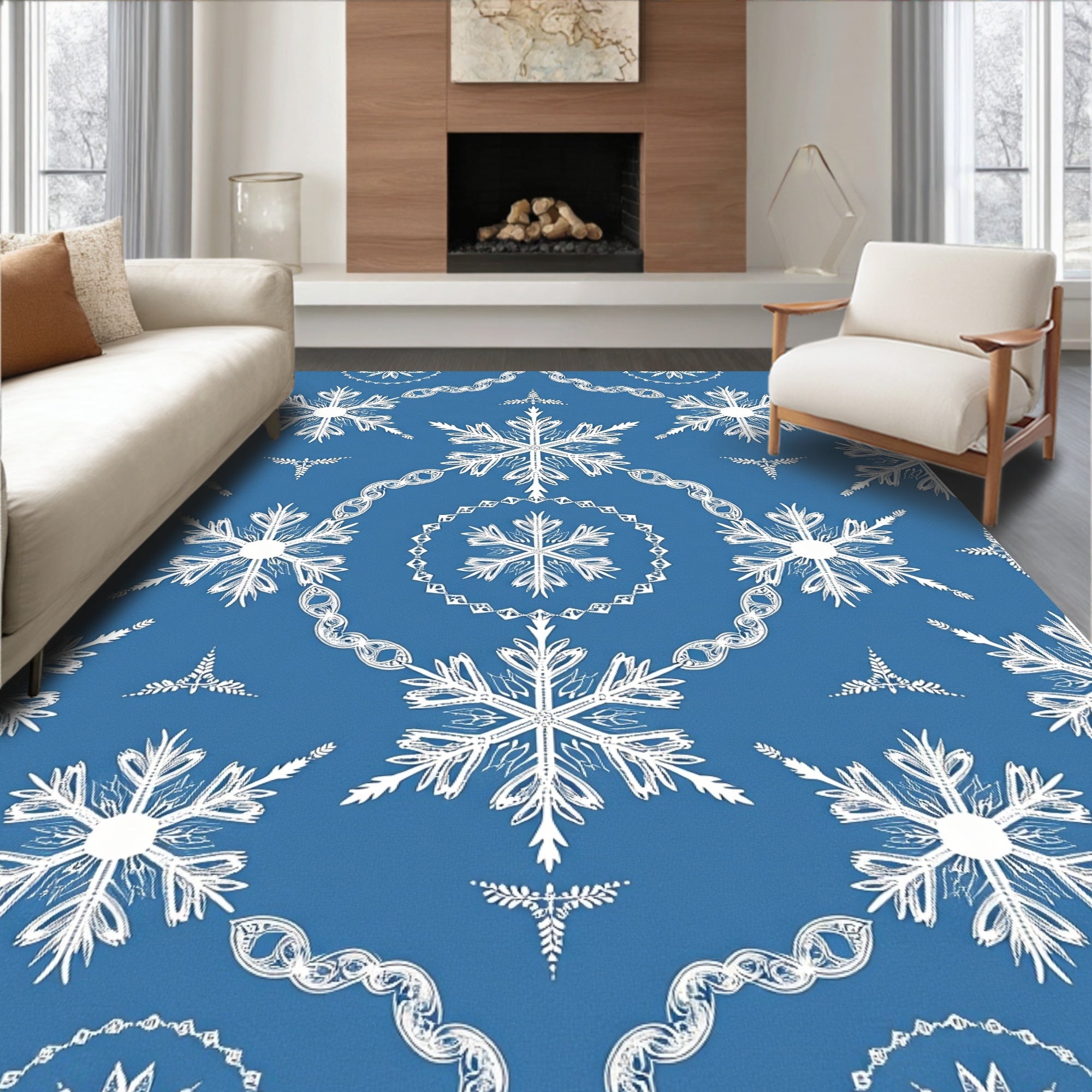 Blue White Snowflake Medallion Snowfall Rug