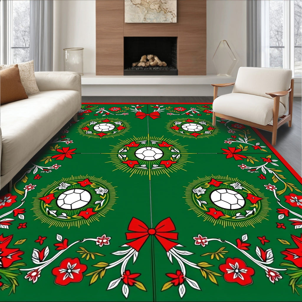Green Red White Festive Football Wreath Rug