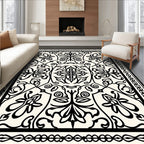Cream Black Ornate Floral Motif Rug