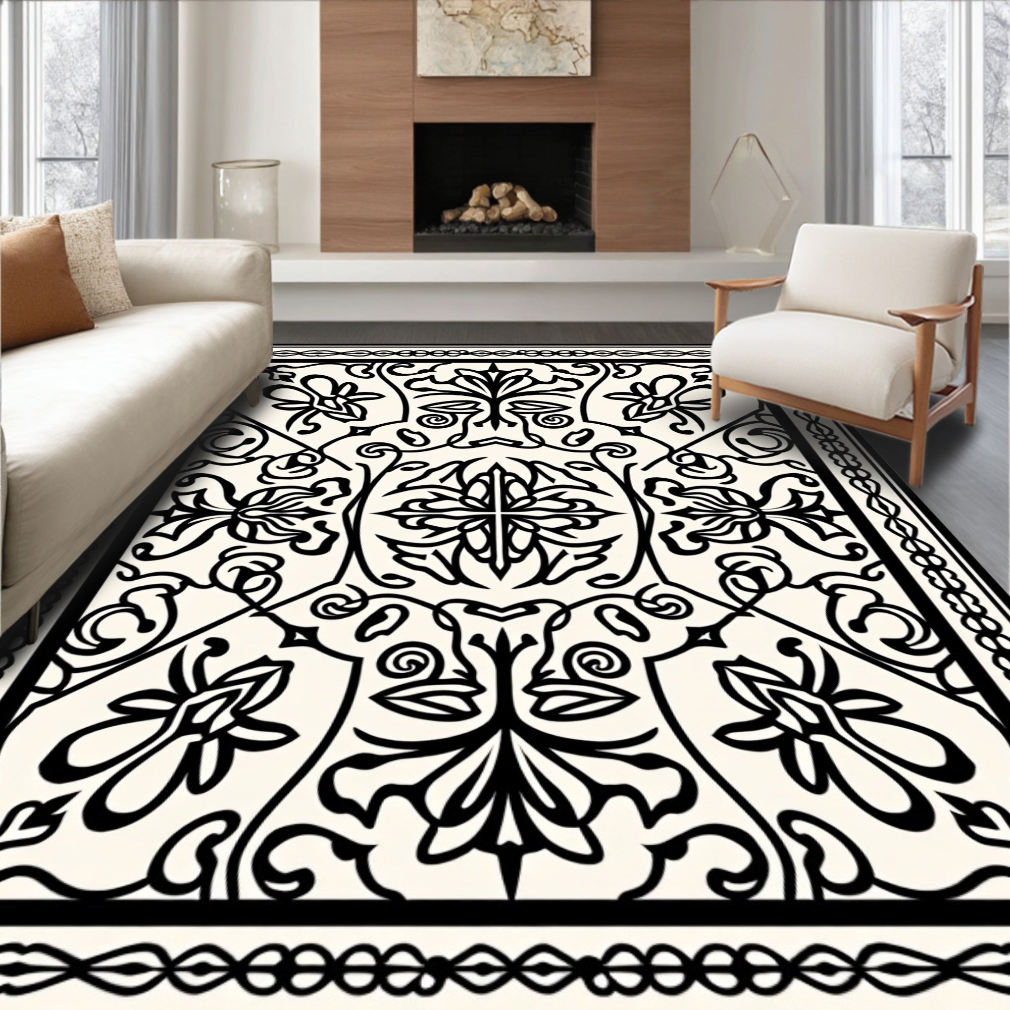 Cream Black Ornate Floral Motif Rug