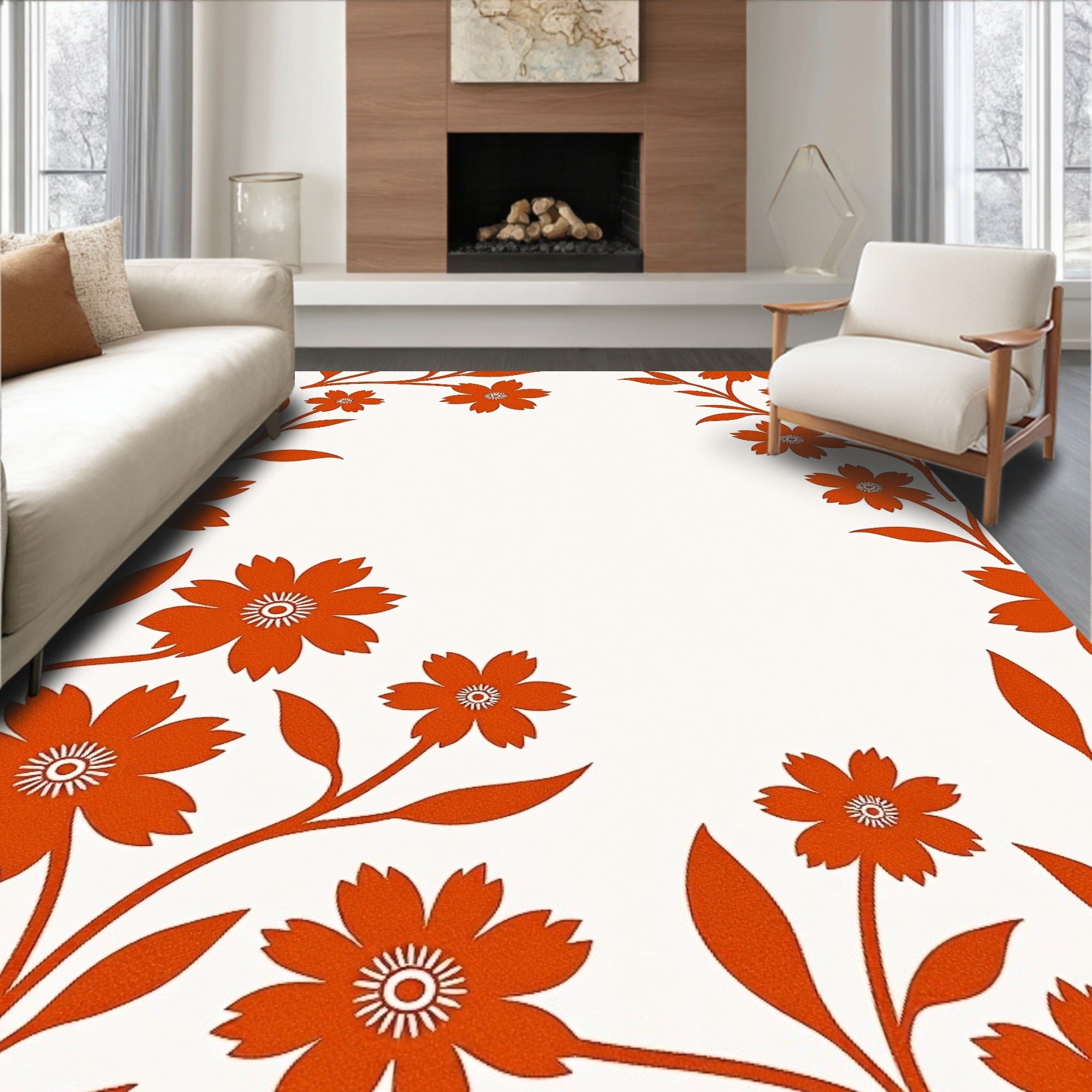 Orange Floral Vine Border Rug