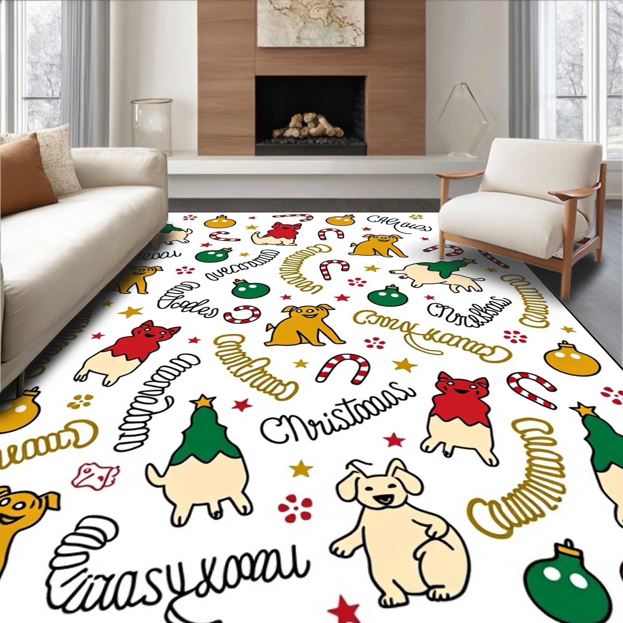 Cute Christmas Dogs and Baubles Rug