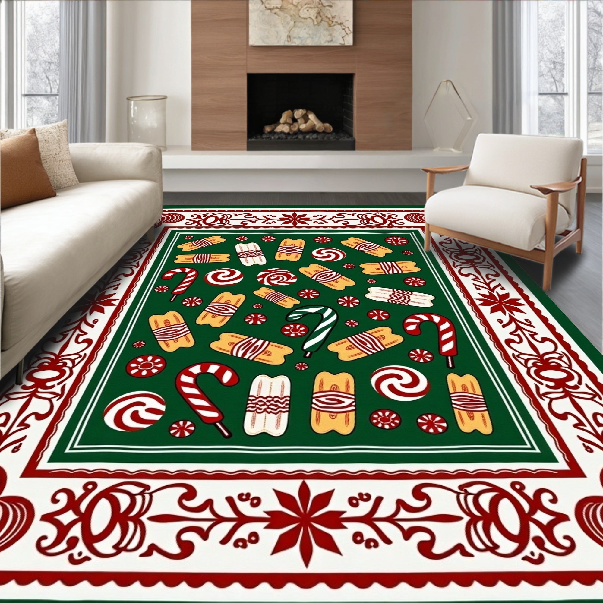 Festive Candy Cane Cookie Swirl Border Rug