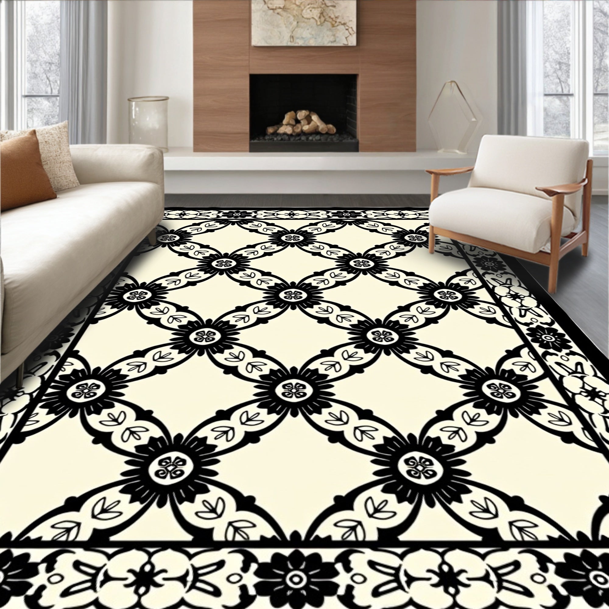 Intricate Black Cream Floral Lattice Rug