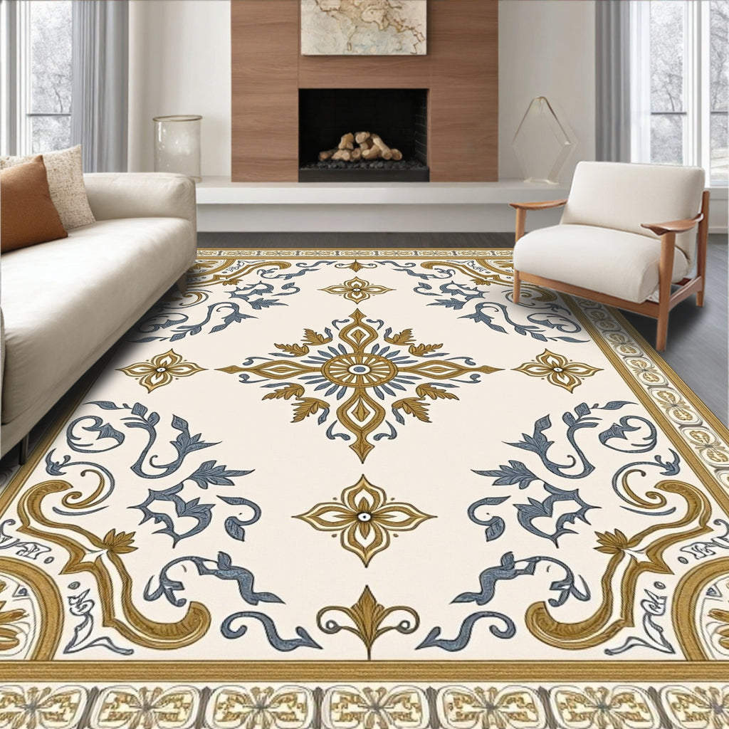 Ornate Gold Blue Medallion Border Rug