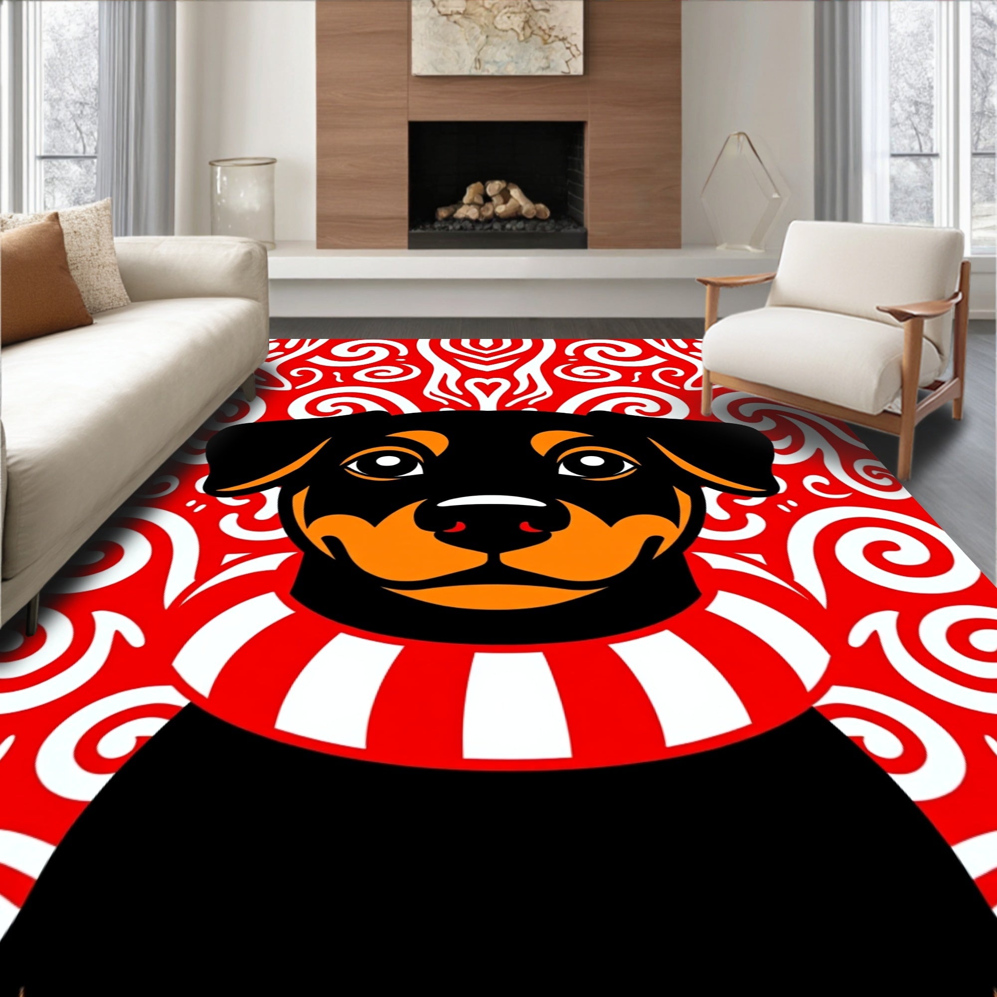 Friendly Dog Red Swirl Background Rug