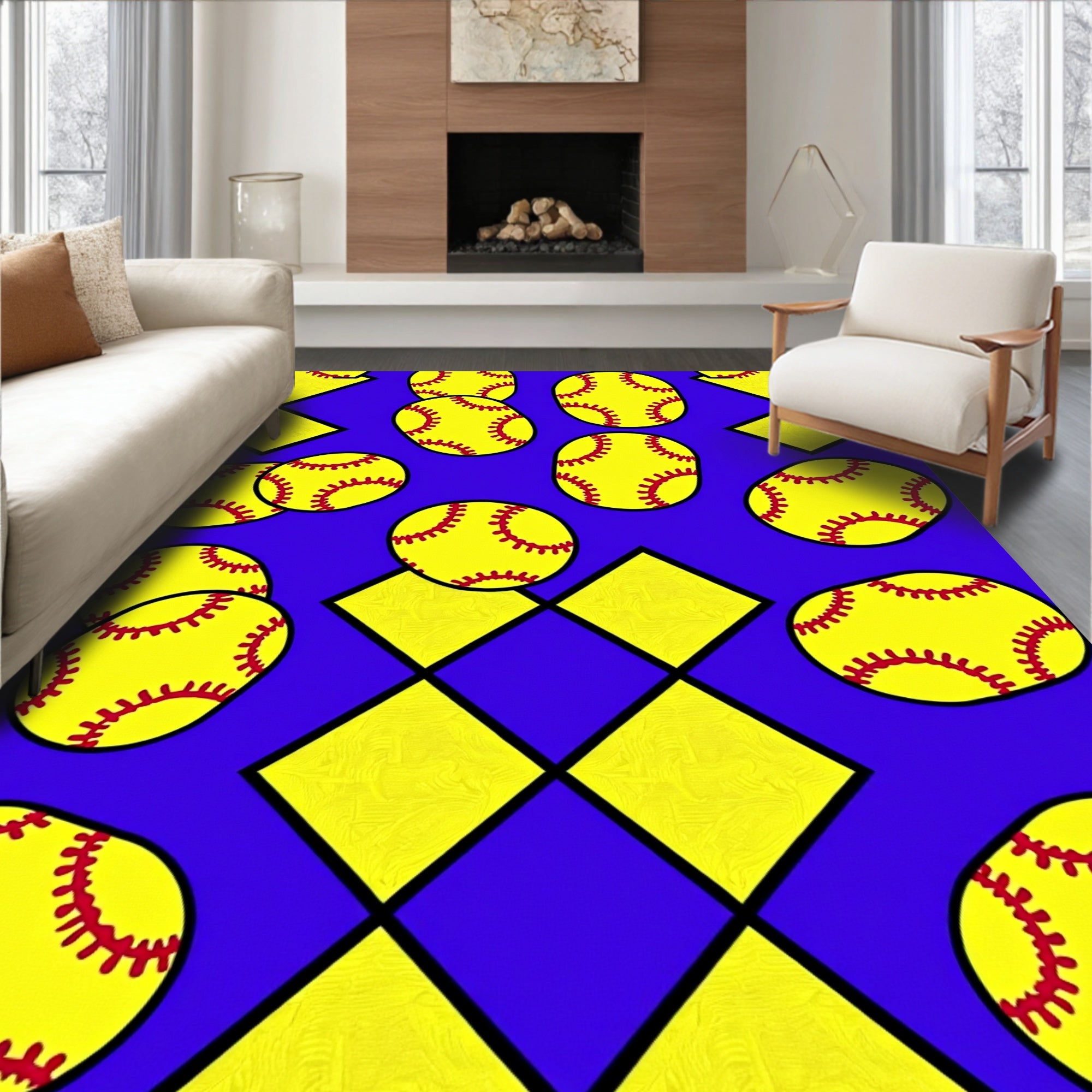 Yellow Crimson Baseball Squares Rug