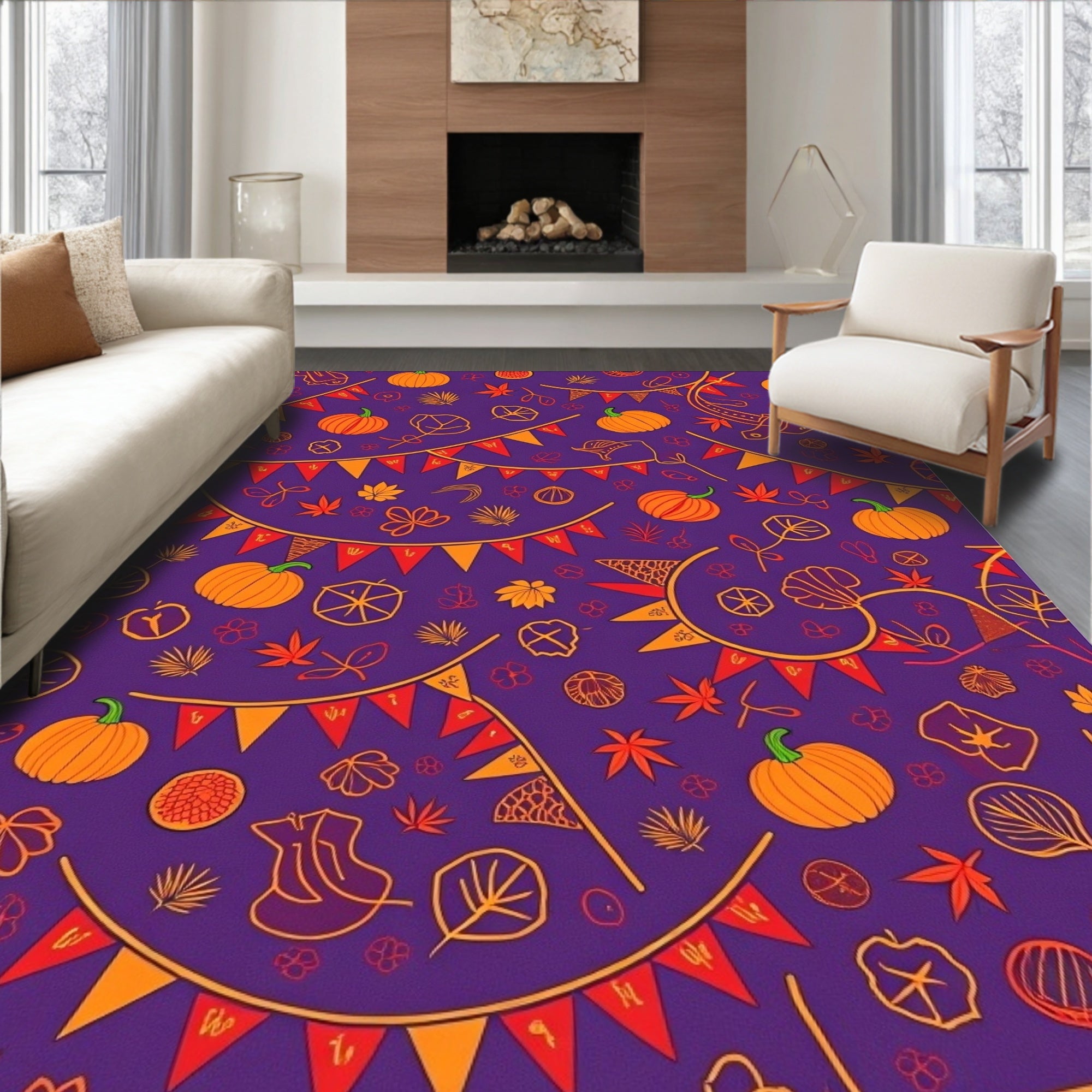 Purple Pumpkin Bunting Leaf Garland Rug