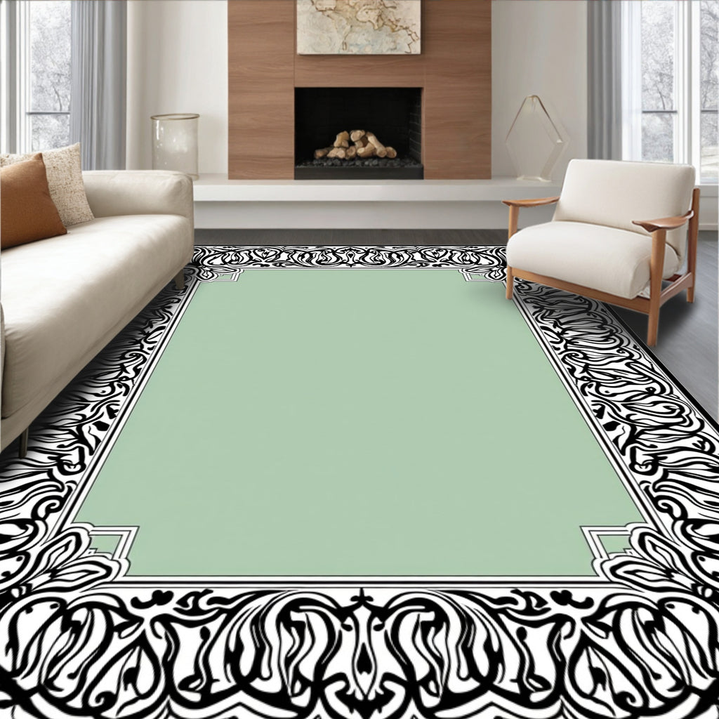 Elegant Black White Floral Scroll Rug