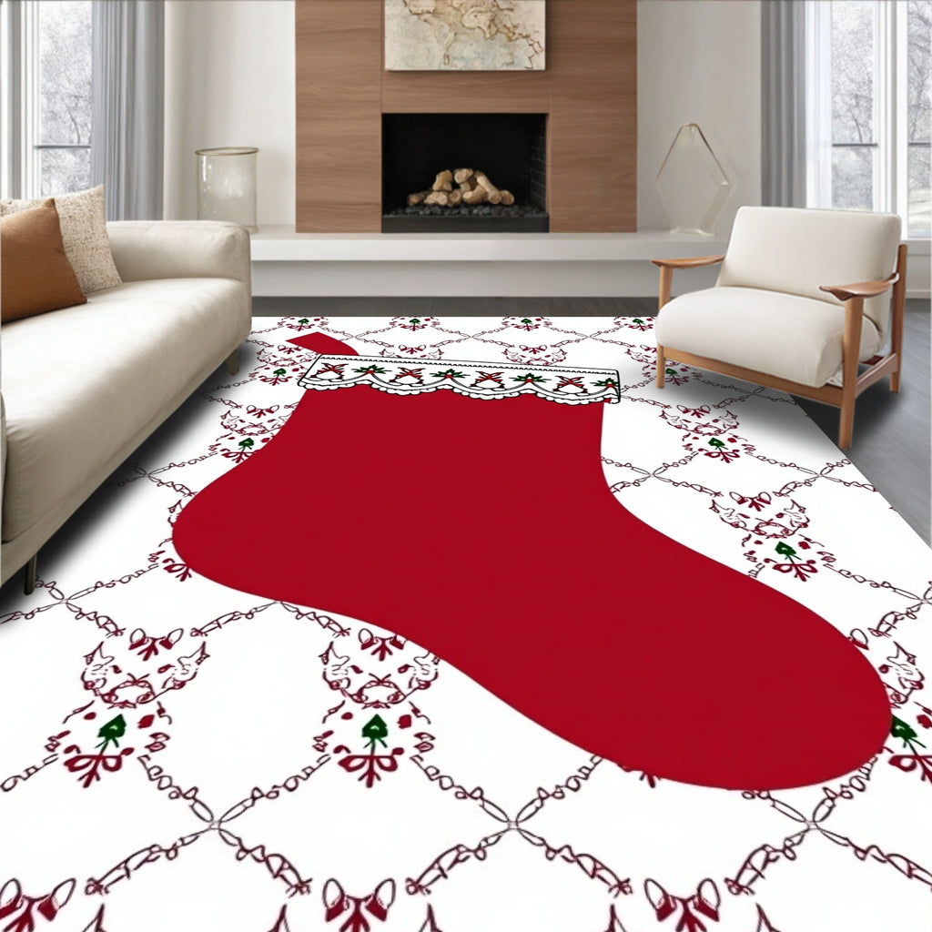 Crimson Festive Holiday Stocking Lace Rug