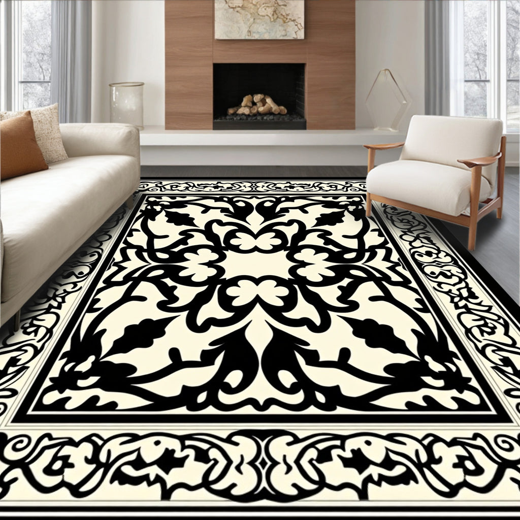 Classic Black Ivory Floral Scroll Border Rug