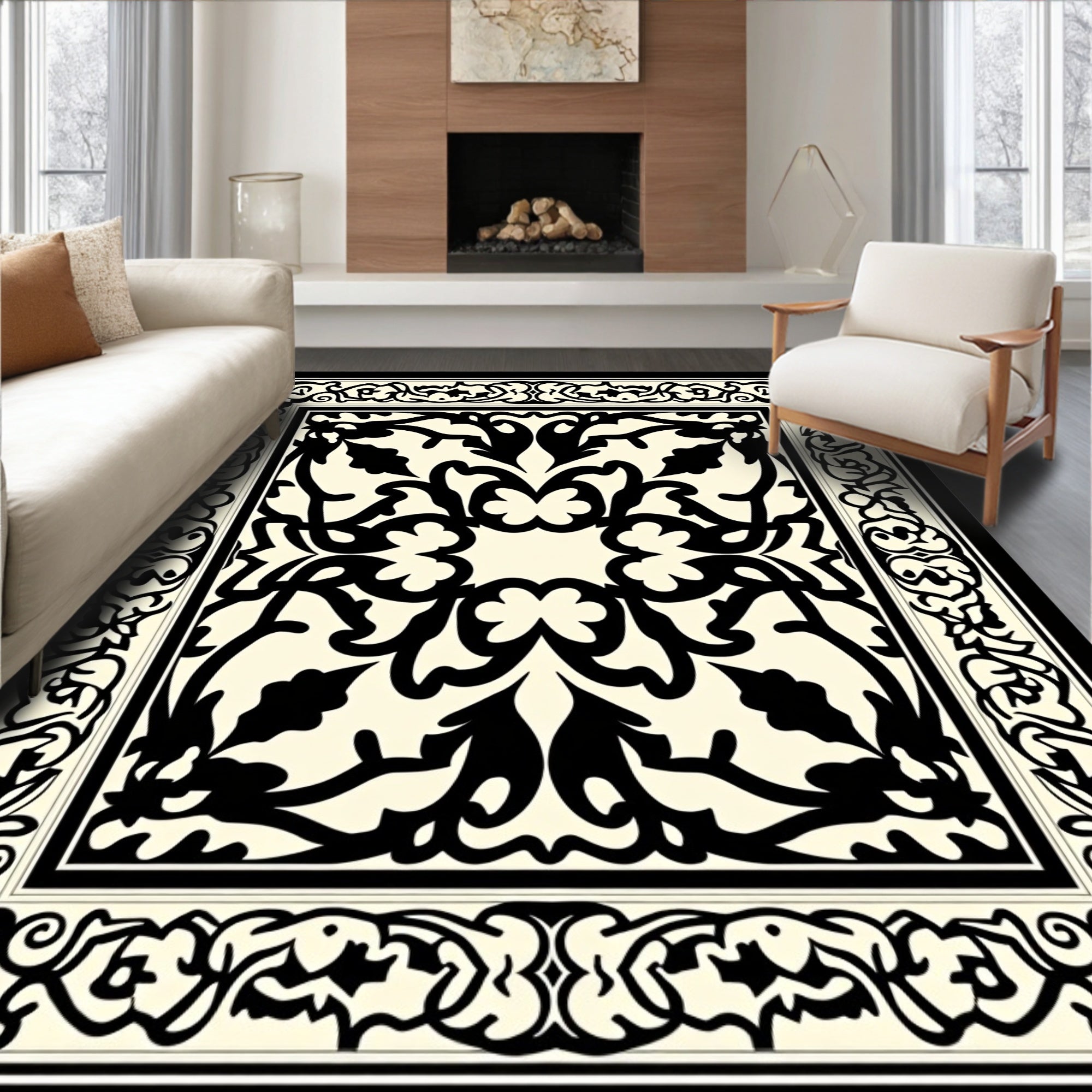 Classic Black Ivory Floral Scroll Border Rug