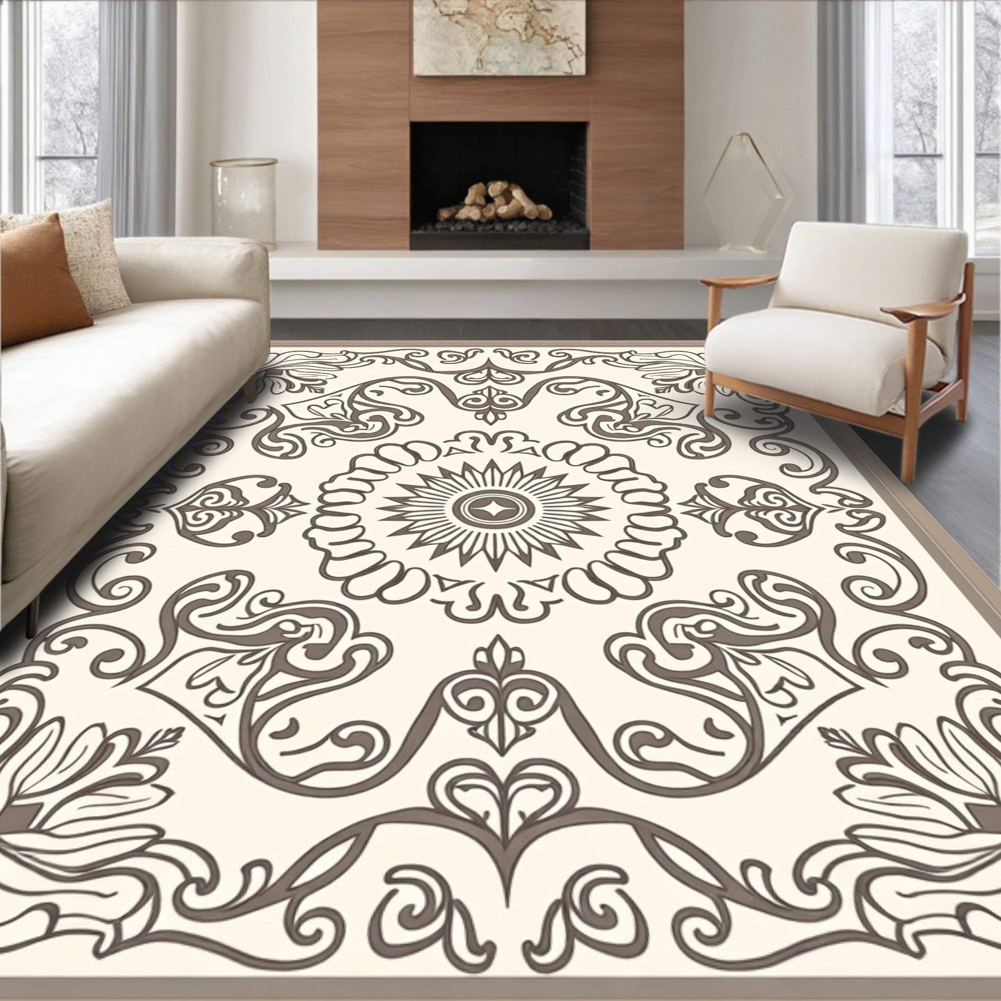 Ornate Cream and Brown Floral Medallion Rug