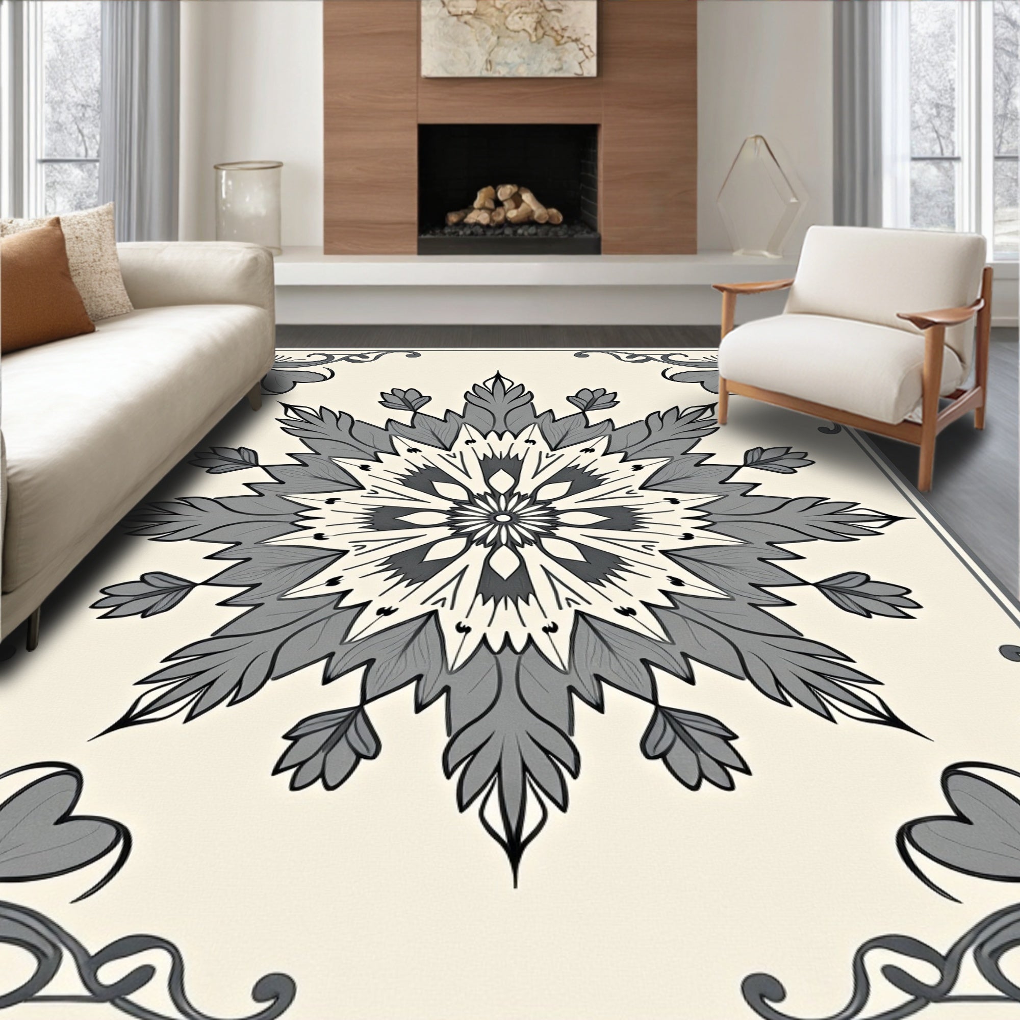 Gray Floral Medallion Corner Emblem Rug