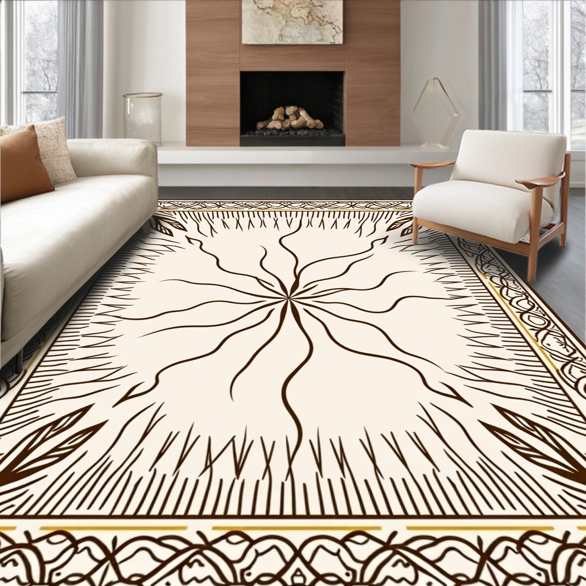 Cream and Brown Sunburst Garden Rug