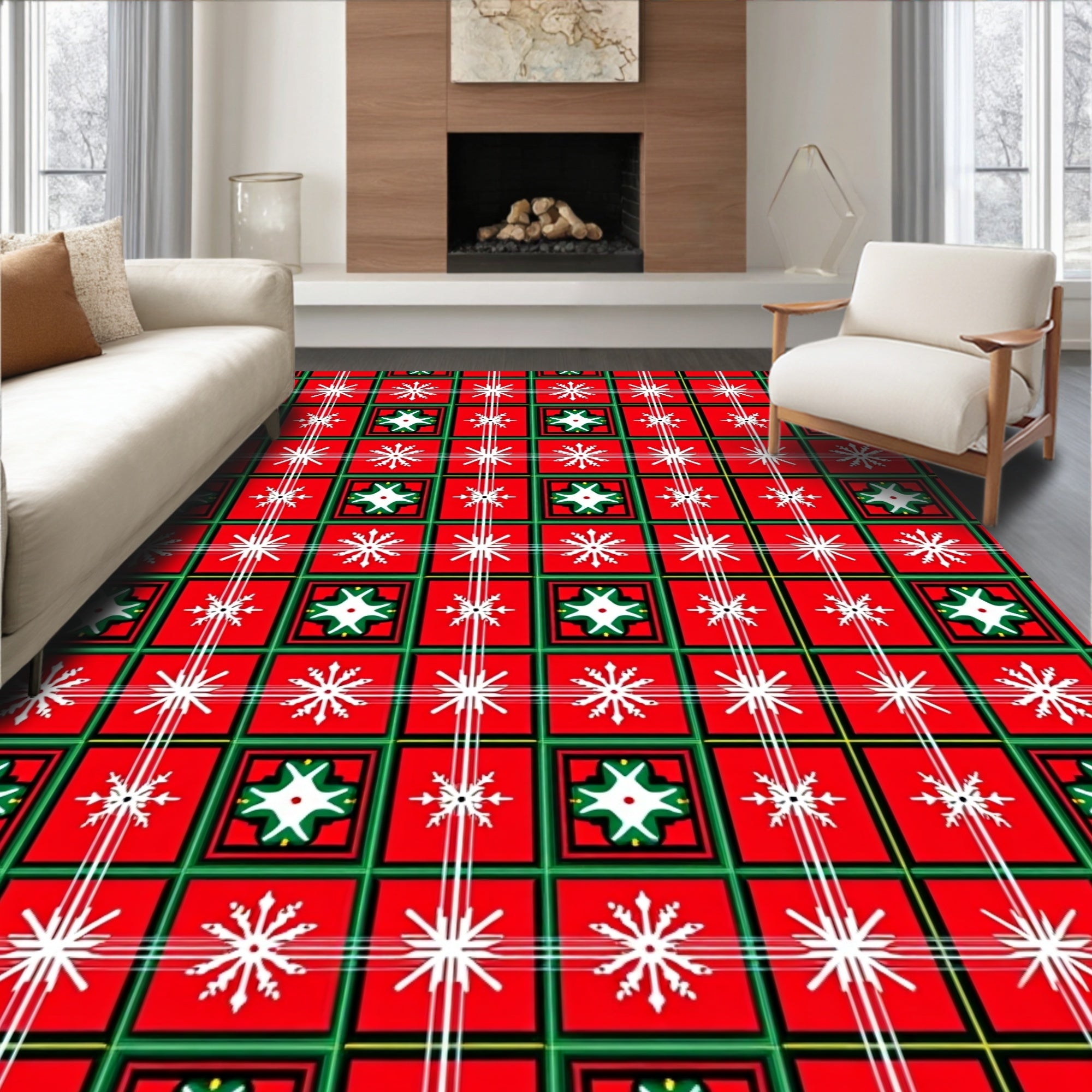 Red Green White Festive Snowflake Plaid Rug