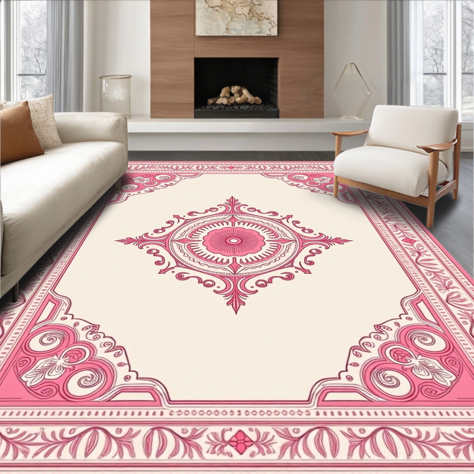 Ornate Rose Pink Medallion Border Rug