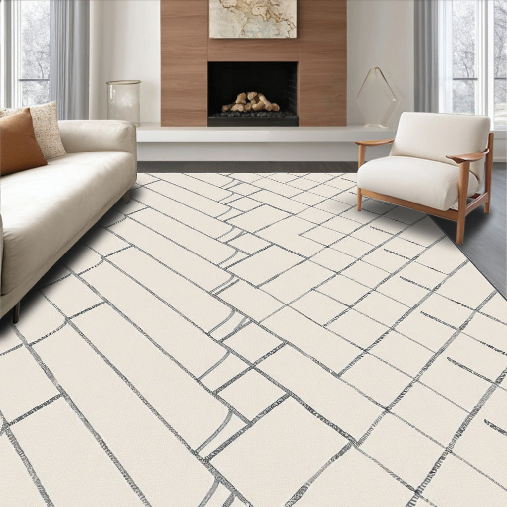 Cream Blue Geometric Intersecting Rectangles Rug