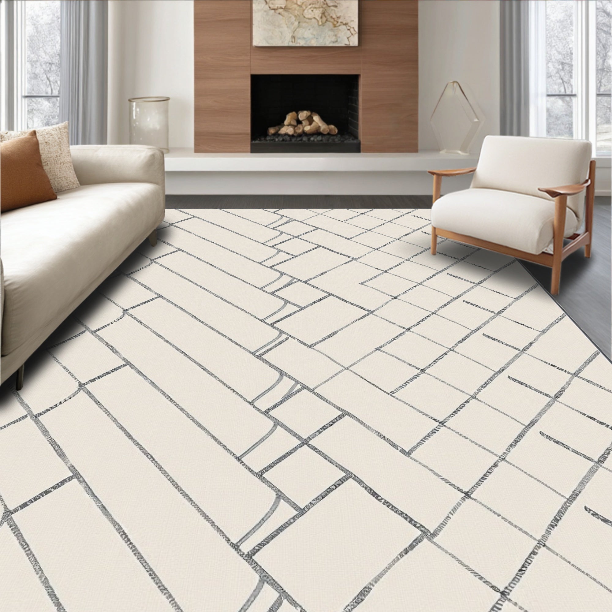 Cream Blue Geometric Intersecting Rectangles Rug