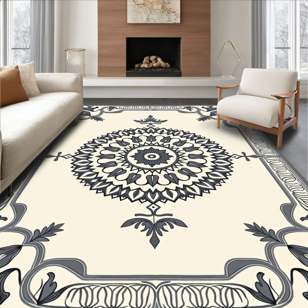 Ornate Cream Mandala Border Rug