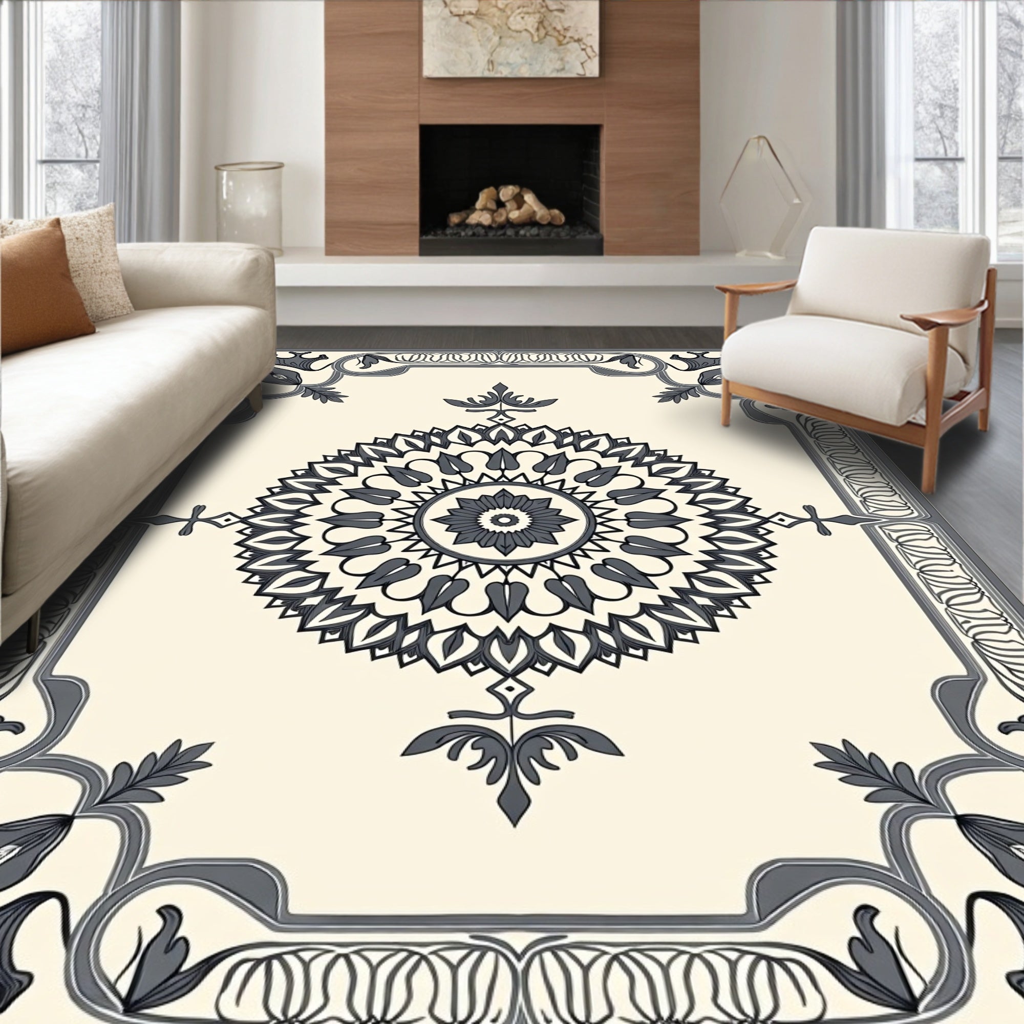 Ornate Cream Mandala Border Rug