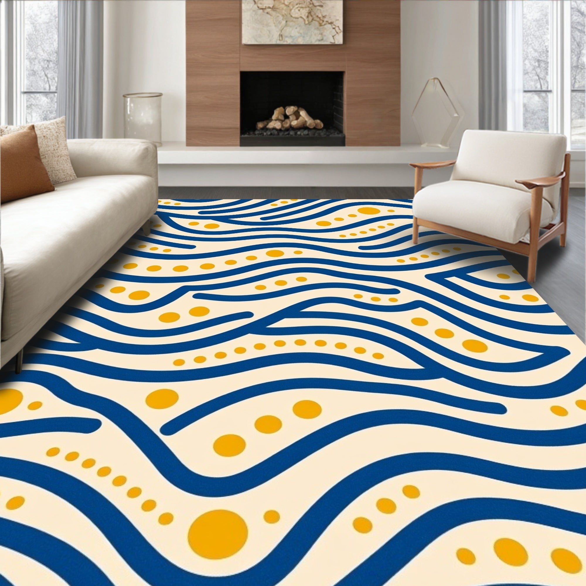 Navy Blue Golden Wave Dots Rug