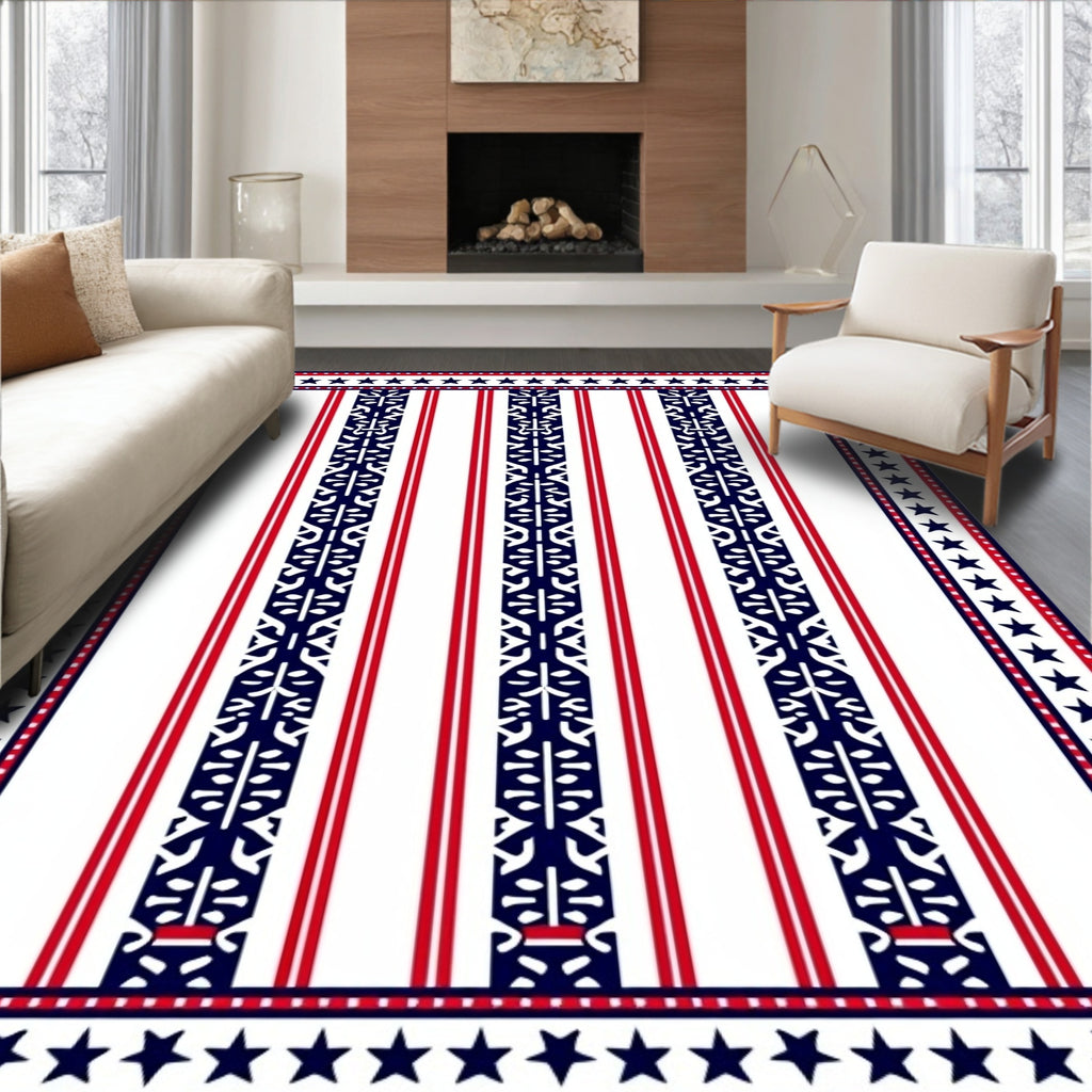 Red White Blue Star Striped Geometric Rug