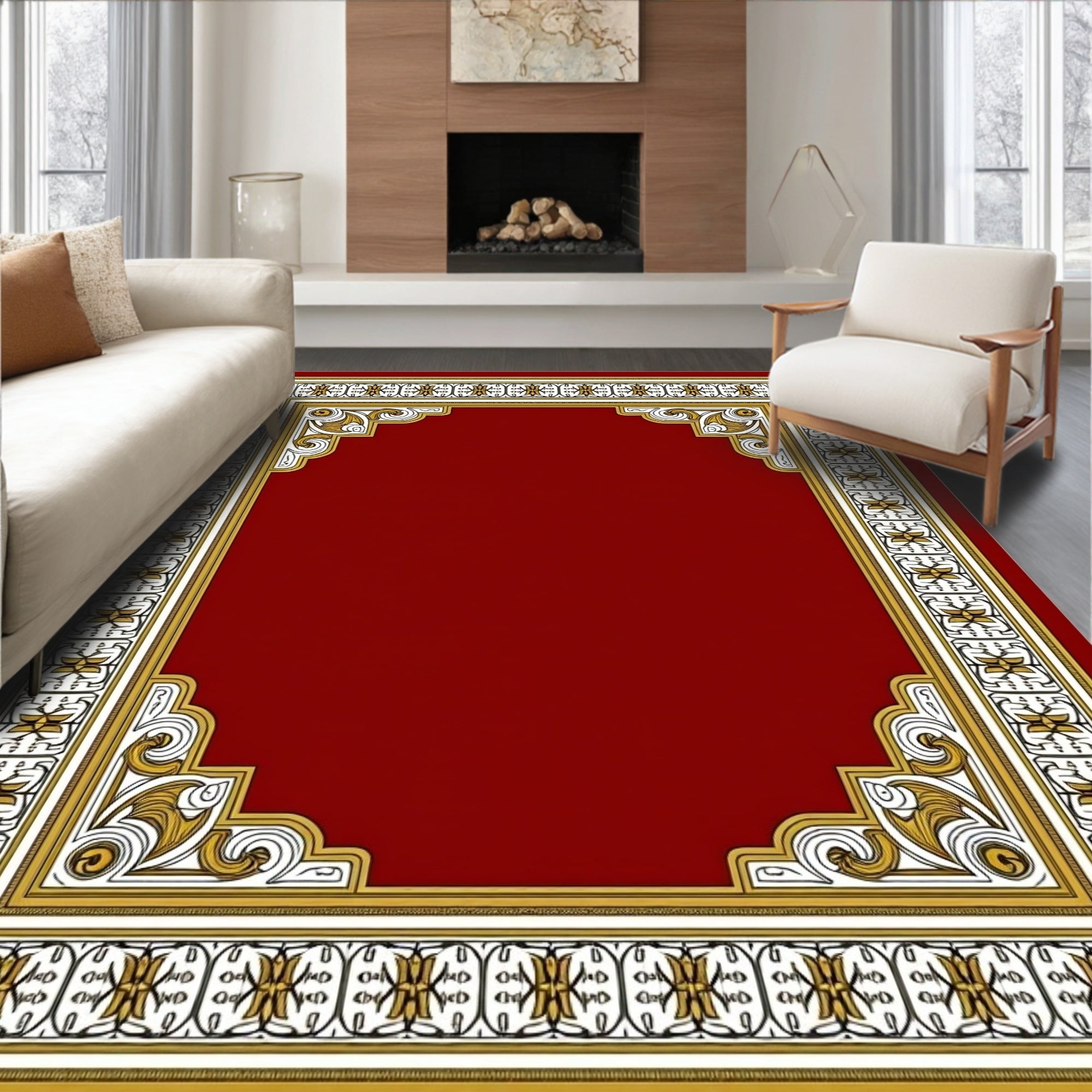 Deep Red Geometric Gold Medallion Frame Rug