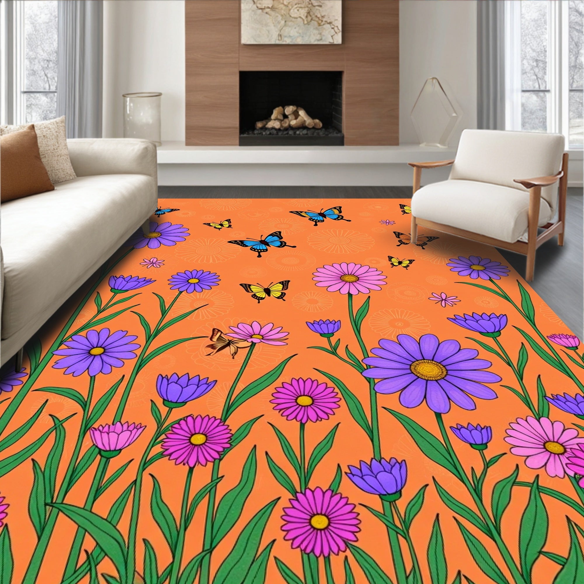 Whimsical Orange Butterfly Garden Rug