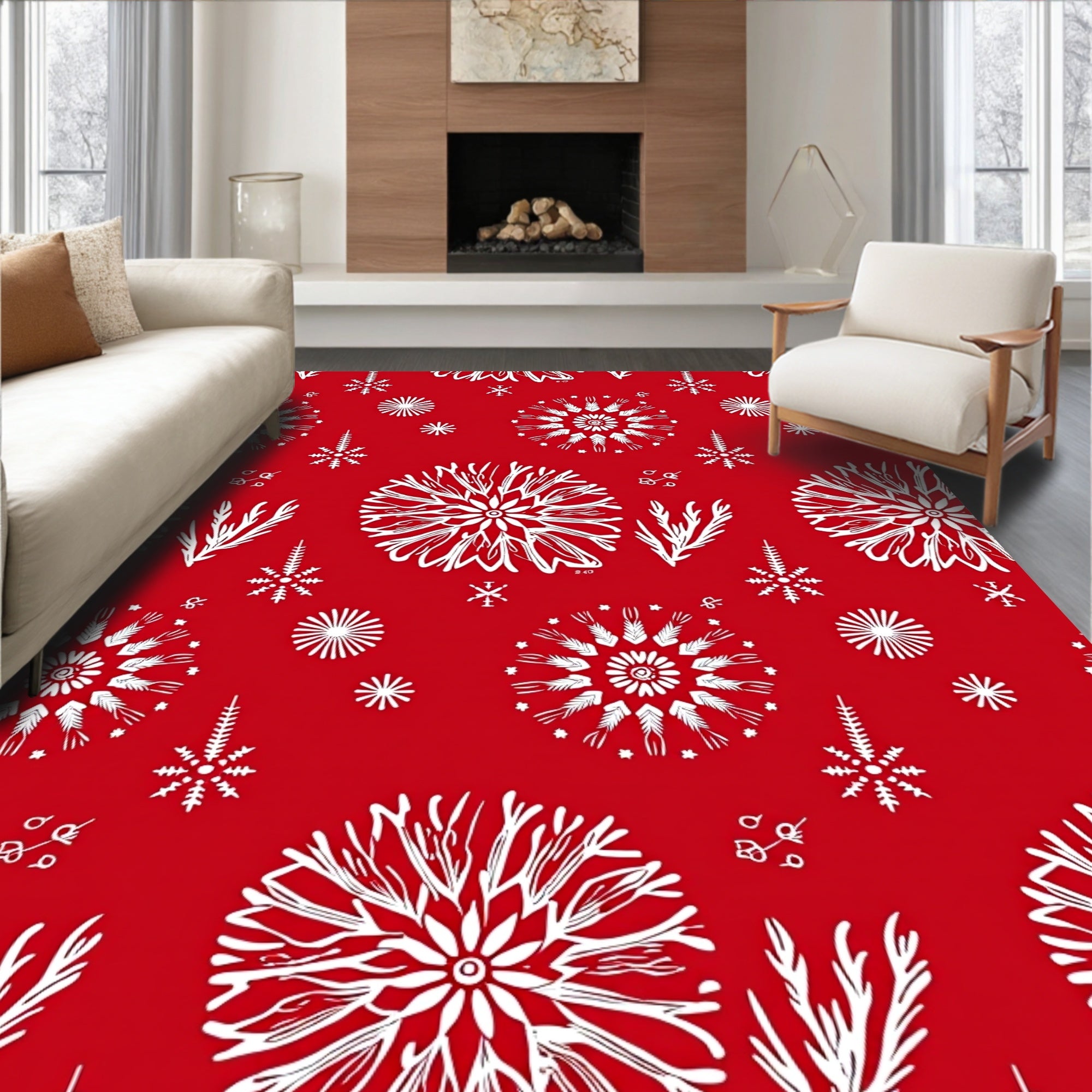 Classic Red Snowflake Mandala Rug