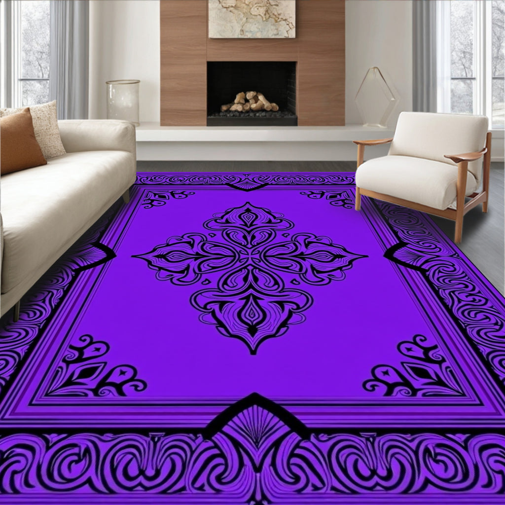 Rich Violet Black Scroll Floral Medallion Rug