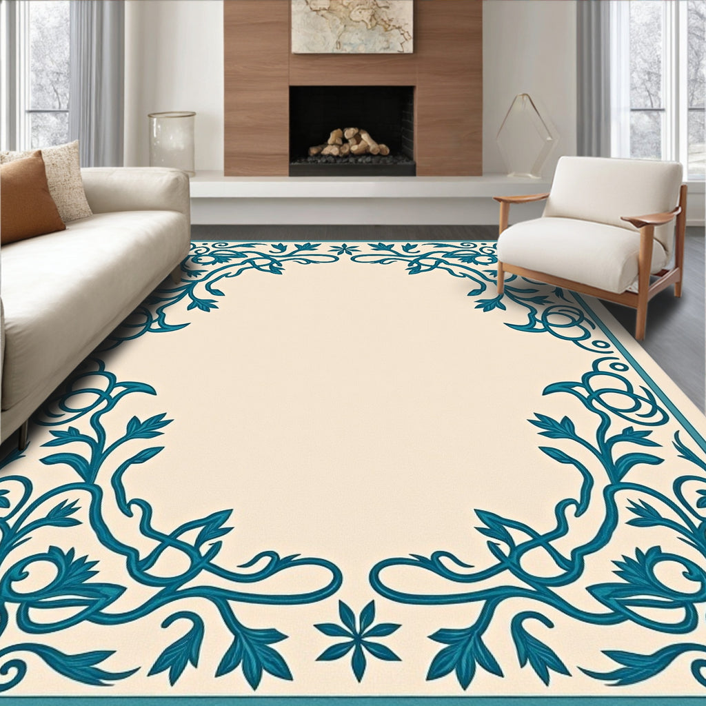 Teal Floral Scroll Border Rug